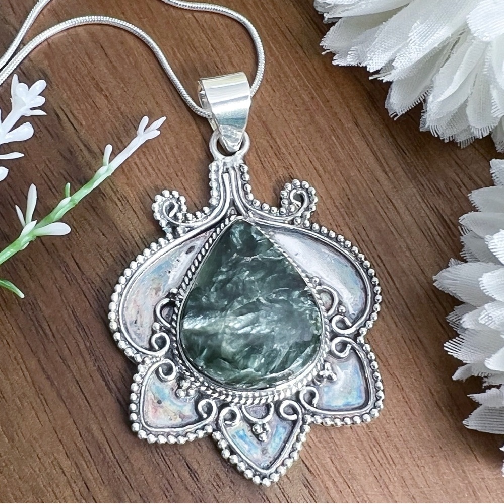 Solid Sterling Silver 925 Seraphinite Pendant Green Gemstone Necklace Handmade